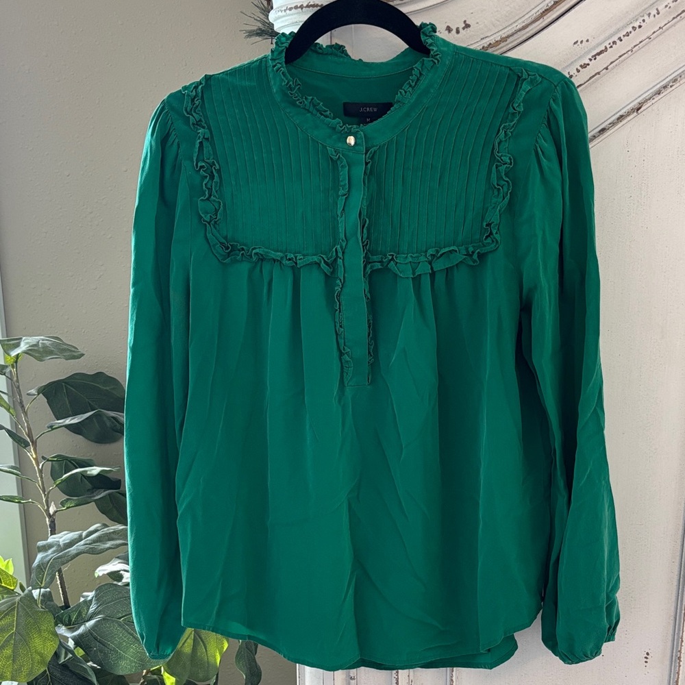 J.Crew Silk Green Medium Blouse Long Sleeves Ruffled-Pleated Front Office Casual